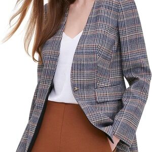 Calvin Klein Tweed Blazer Size 12 Navy/Tan Plaid Houndstooth | Gold Toggle
